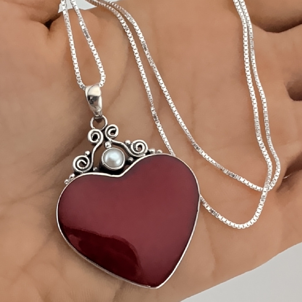 Sterling Silver Heart Pendant Necklace with Red Coral And Pearl - Picture 6 of 6